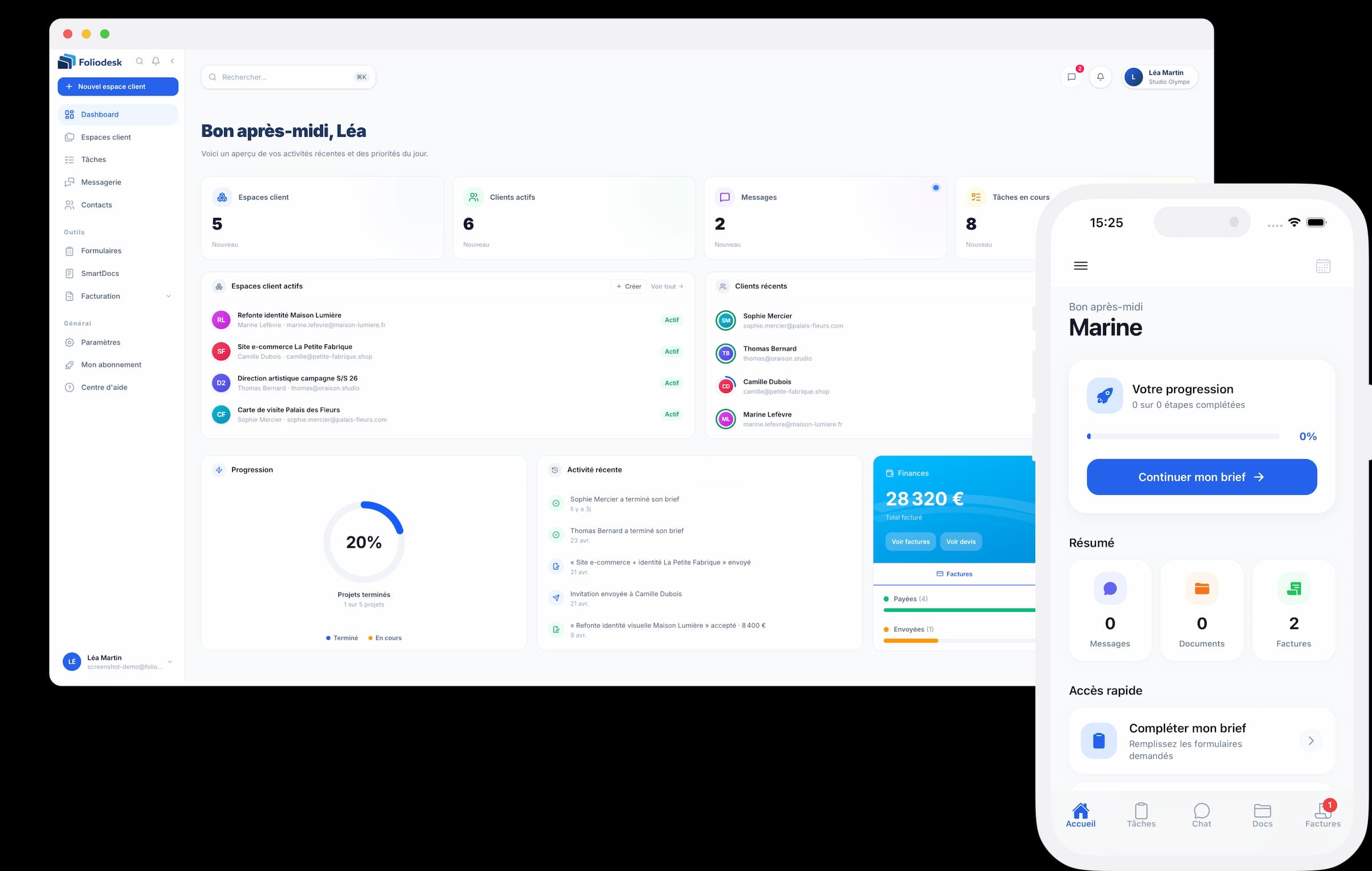 Portail client FolioDesk · vue freelance et vue client en marque blanche